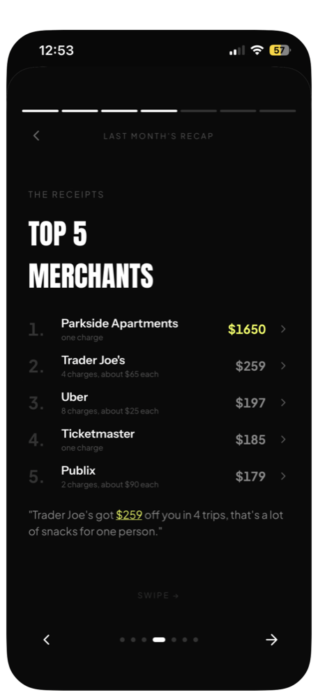 BLUNT monthly recap slide: top 5 merchants, with Stash's line about Trader Joe's